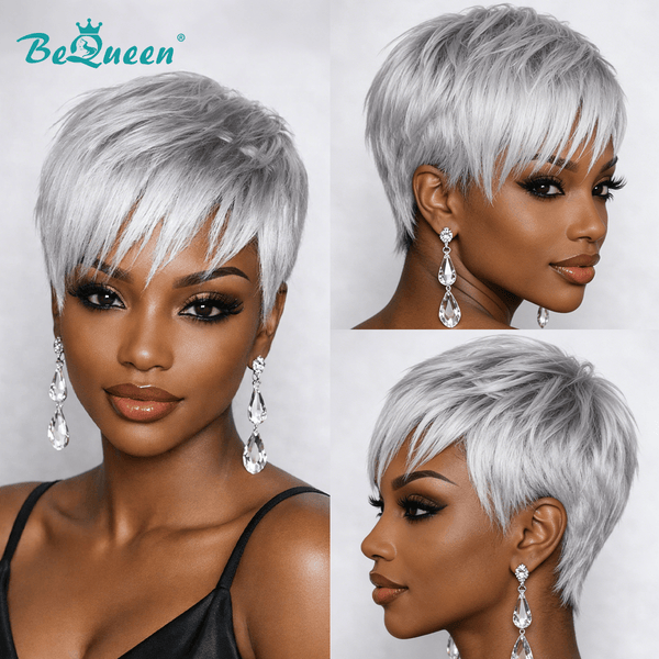 BeQueen Wig PIXIE WIGS Bequeen Silver Grey Straight Natural Style Pixie Wig