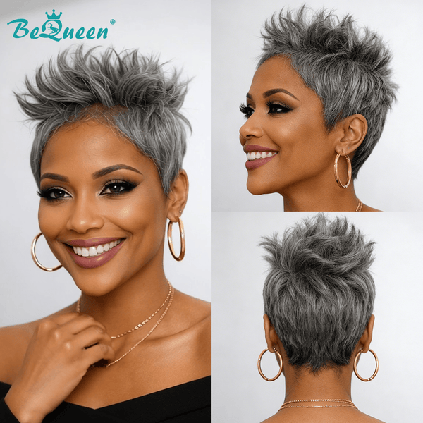 BeQueen Wig PIXIE WIGS Bequeen Slat And Pepper Frontal Lace Cool Pixie Wig