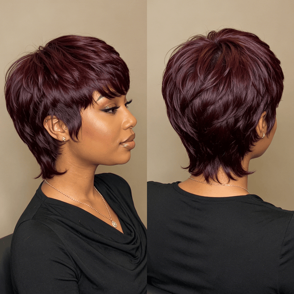 BeQueen Wig PIXIE WIGS Bequeen Straight Natural Style Dark Purple No Lace Human Hair