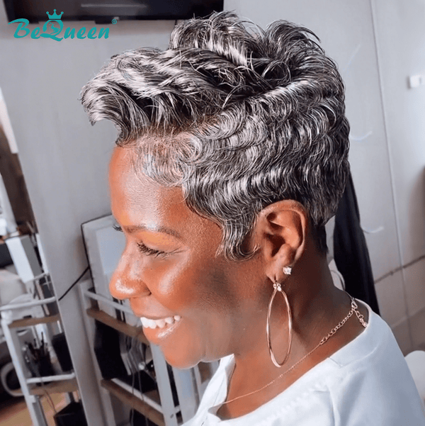 BeQueen Wig PIXIE WIGS BequeenSilver Chic Twist 13x4 Frontal Lace Slat And Pepper Pixie Wig