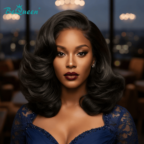 BeQueenWig BeQueen 1B 16inch Wavy Frontal Lace Bob Wig