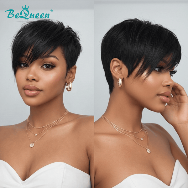 BeQueenWig PIXIE WIGS Bequeen 1B Straight Side Part Short Cut Wig