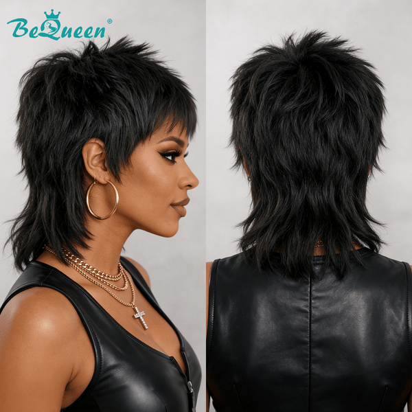BeQueenWig Mullet Wig Bequeen Black Hedgehog Style Fluffy Mullet Wig
