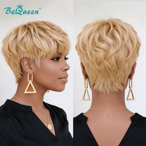 BeQueenWig PIXIE WIGS Bequeen Machine Made Honey Blonde Short Cut With Full Bang Wig