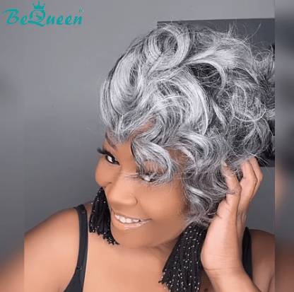 BeQueenWig TOPPER & MOHAWK Side Part Curly Bequeen Machine Made Salt And Pepper Topper