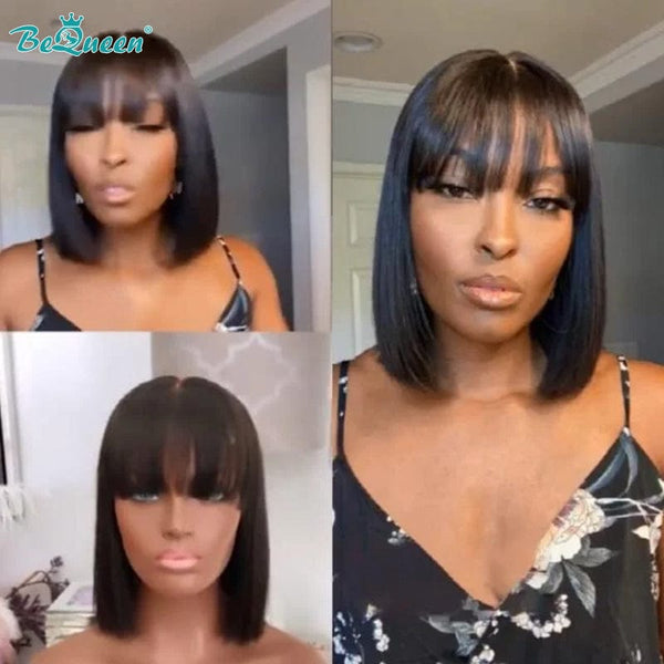 BeQueenWig Glueless Lace Wig Bequeen Machine Made Silk Base Straight BOB Wig With Bang