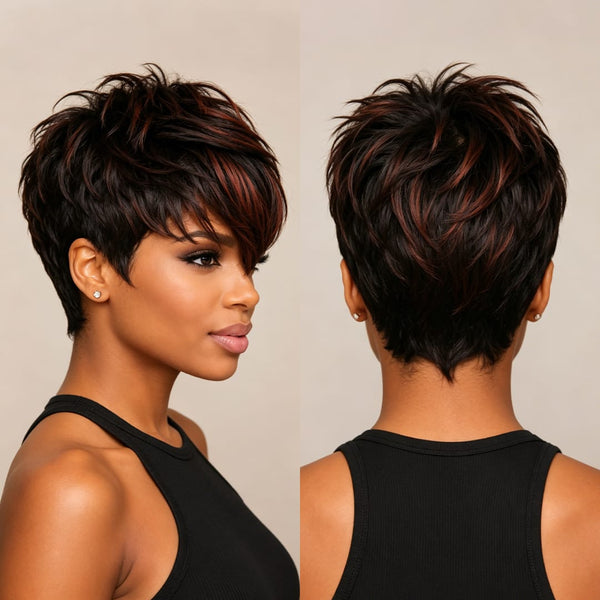 BeQueenWig PIXIE WIGS Bequeen Mixed Highlight Wine Color Pixie Short Cut Wig
