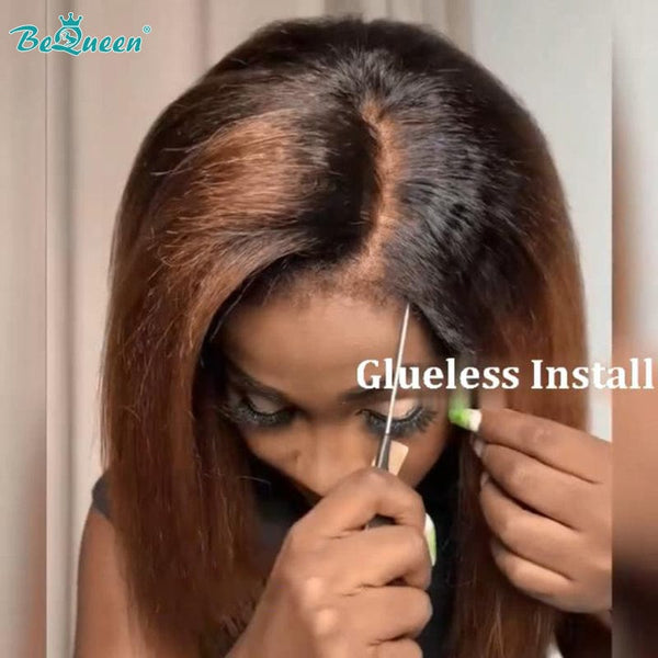 BeQueenWig Glueless Lace Wig Bequeen Ombre Brown Kinky Straight Glueless BOB Wig
