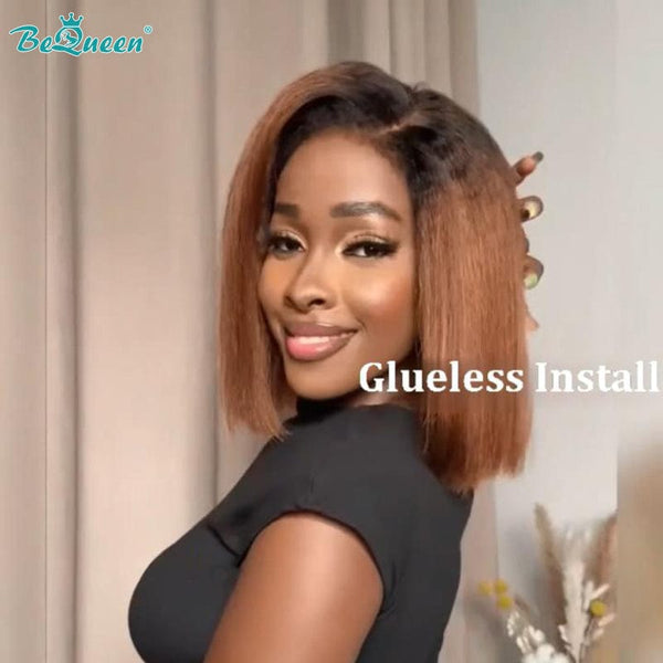 BeQueenWig Glueless Lace Wig Bequeen Ombre Brown Kinky Straight Glueless BOB Wig
