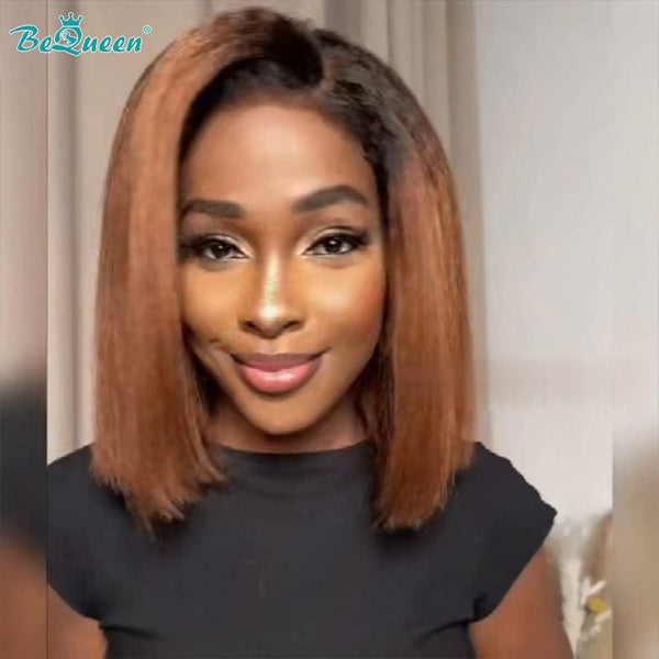 BeQueenWig Glueless Lace Wig Bequeen Ombre Brown Kinky Straight Glueless BOB Wig
