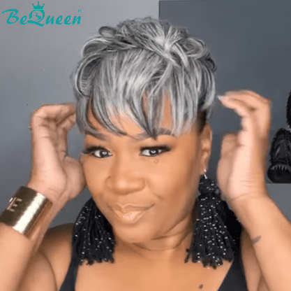 BeQueenWig TOPPER & MOHAWK Middle Part Bequeen Pixie Style Salt And Pepper Topper