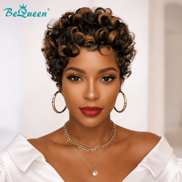 BeQueenWig PIXIE WIGS Bequeen Sexy Curly Wave Brown Highlight Machine Made Wig