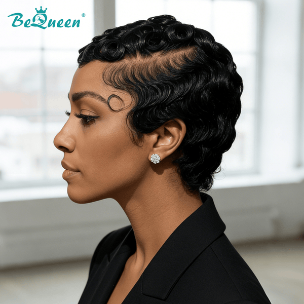 overseas PIXIE WIGS Bequeen 13*4 1B Finger Wave Special Style Frontal Lace Wig