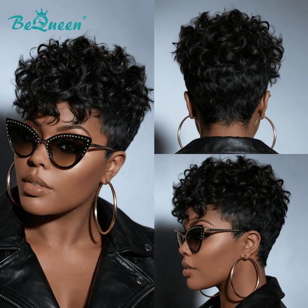 overseas PIXIE WIGS Bequeen 1B Curly Short Cut Pixie Wig
