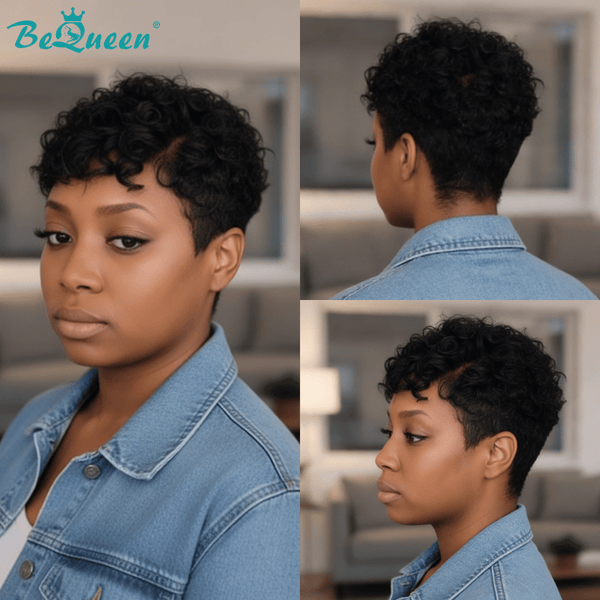 overseas PIXIE WIGS Bequeen 1B Curly Wave Pixie Frontal Lace Wig