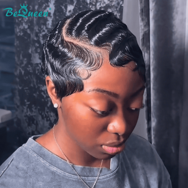 overseas PIXIE WIGS Bequeen 1B Finger Wave Pixie Full Lace Wig