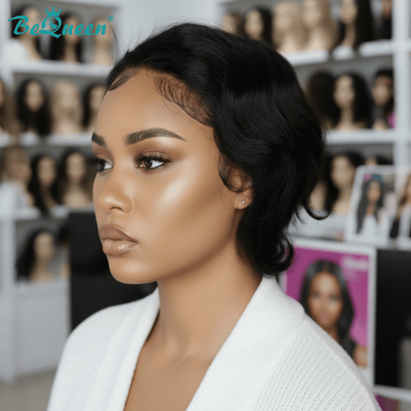overseas PIXIE WIGS Bequeen 1B Natural Style Short Cut Pixie Wig