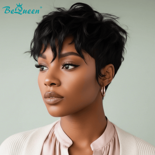overseas PIXIE WIGS Bequeen 1B Natural Wave Short Cut Pixie Wig