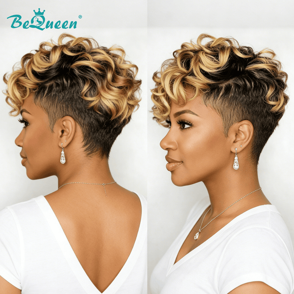 overseas PIXIE WIGS Bequeen 5X5 Lace Mixed Golden Natural Wave Pixie Cut Wig