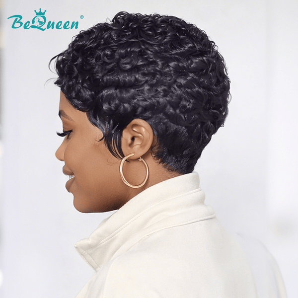 overseas PIXIE WIGS Bequeen Black Color Finger Wave Frontal Lace Pixie Wig