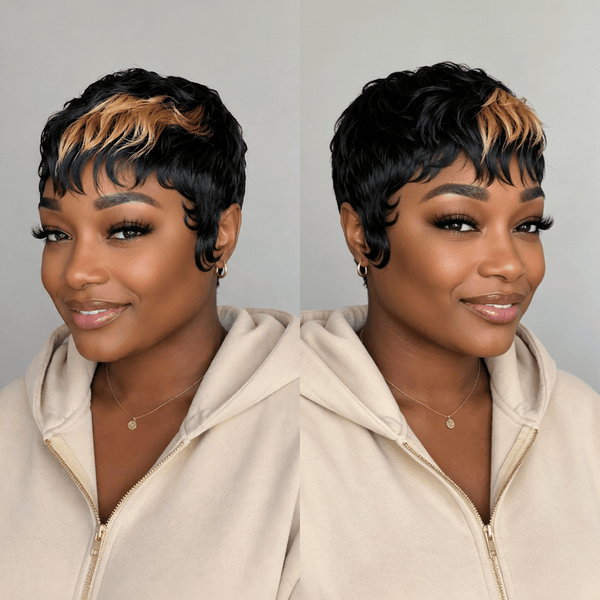 overseas PIXIE WIGS Bequeen Black Highlight Golden Natural Style Pixie Cut Wig For Black Women