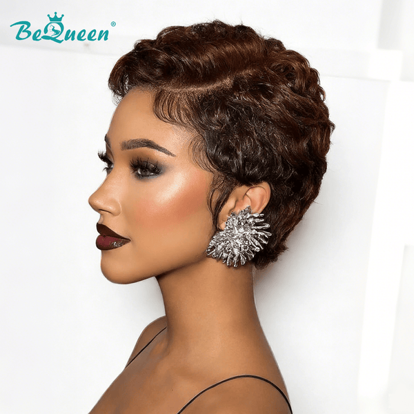 overseas PIXIE WIGS Bequeen Dark Brown Curly Special Style Pixie Cut Frontal Lace Wig