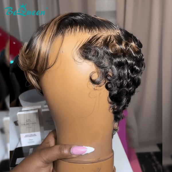 overseas PIXIE WIGS Bequeen Highlight Blonde Curly Pixie Cut Frontal Lace Wig