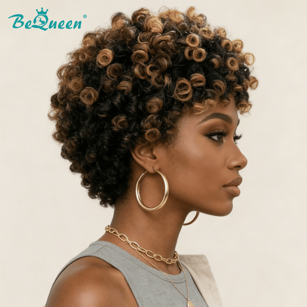 overseas PIXIE WIGS Bequeen Warm Brunette to Golden Brown Curly Hairpiece