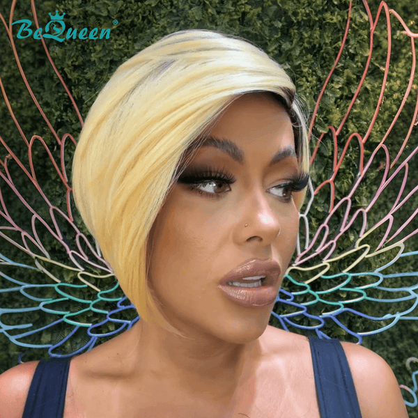 overseas PIXIE WIGS BeQueen Yellow with Black Root Easy On&Off Side Part Short Cut Wig