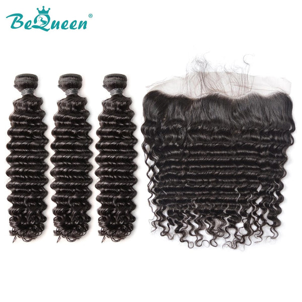 BeQueenWig Bundles With Frontal BEQUEEN 3Pcs with Frontal Deep Wave Best Virgin Human Hair Bundles