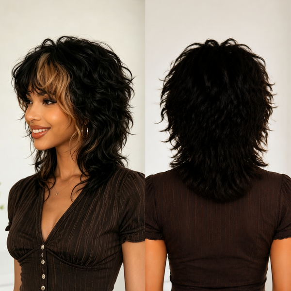 Bequeen Cute Loose Wave Glueless Highlight Brown Mullet Wig with Bang