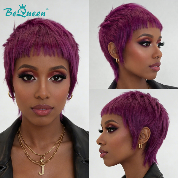 Bequeen Purple Short Bang Pixie Cut Wig