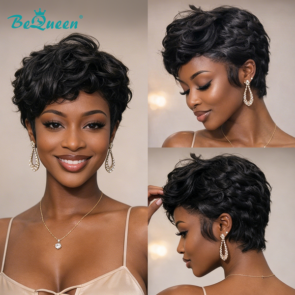 Bequeen 1B Pixie Natural Wave Machine Made Wig