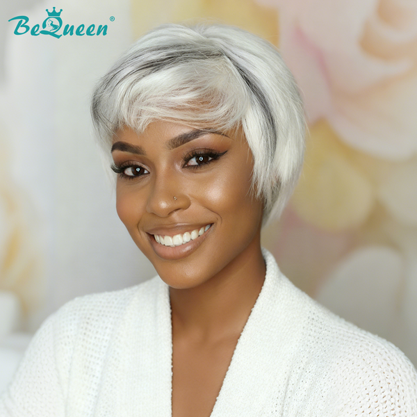 Bequeen Silver White Highlight Black Special Made Pixie Cut Wig