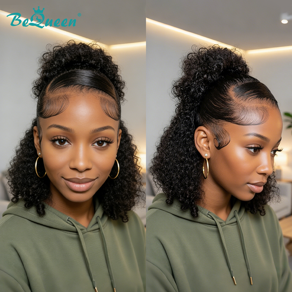 Bequeen 1B Curly Short Cut Wig With A Bun