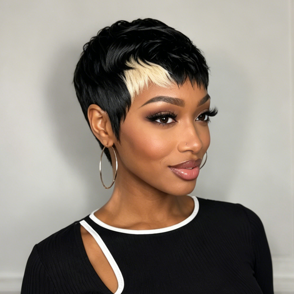 Bequeen Black Highlight Blonde Pixie Short Cut No Lace Wig
