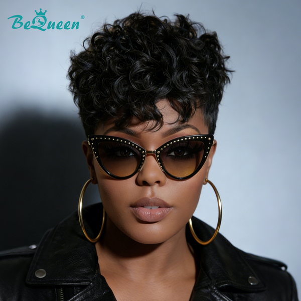 Bequeen 1B Curly Short Cut Pixie Wig