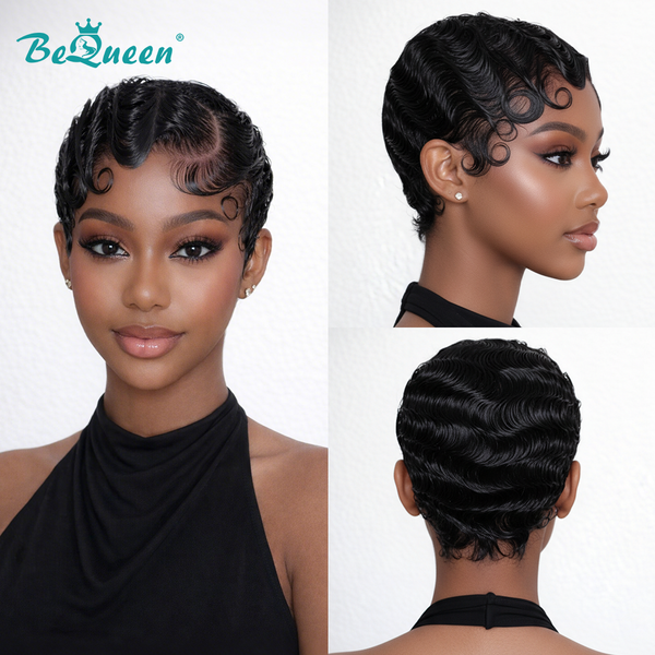 Bequeen 1B Elegant Water Wave Frontal Lace Pixie Cut Wig