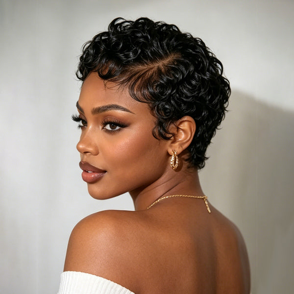 Bequeen 1B Cute Wool Roll Short Cut Full Lace Pixie Wig