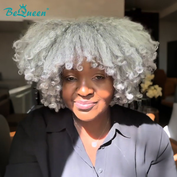 Bequeen Silver White Afro Fleecy Short Bob Wig