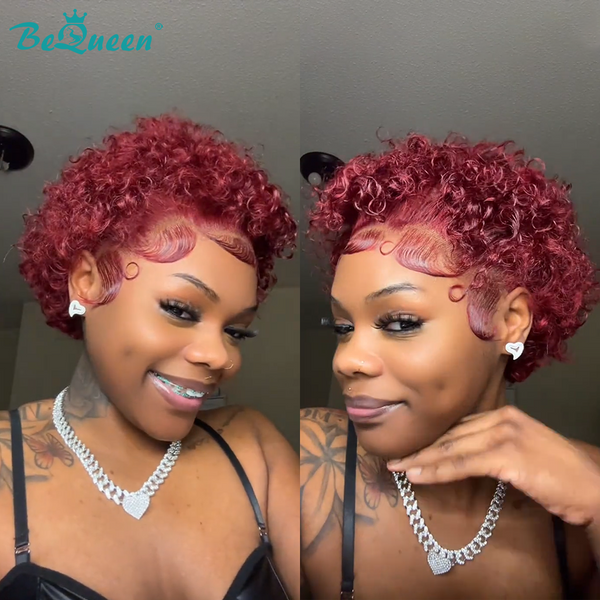Bequeen Red  Short Curly Frontal Lace Pixie Wig