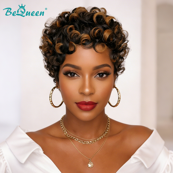 Bequeen Sexy Curly Wave Brown Highlight Machine Made Wig