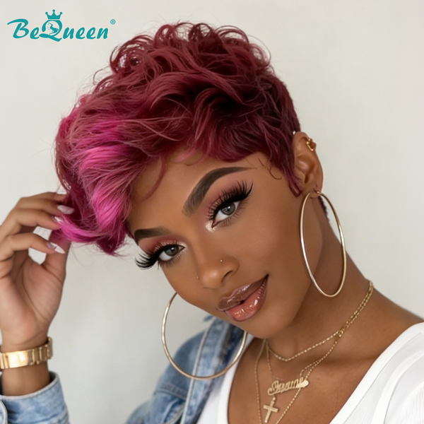 Bequeen Plum Purple Highlight Bright Fuchsia Pink Wave Pixie Wig