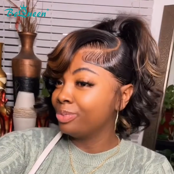 Bequeen Highlight Brown Sleek Ponytail Wig