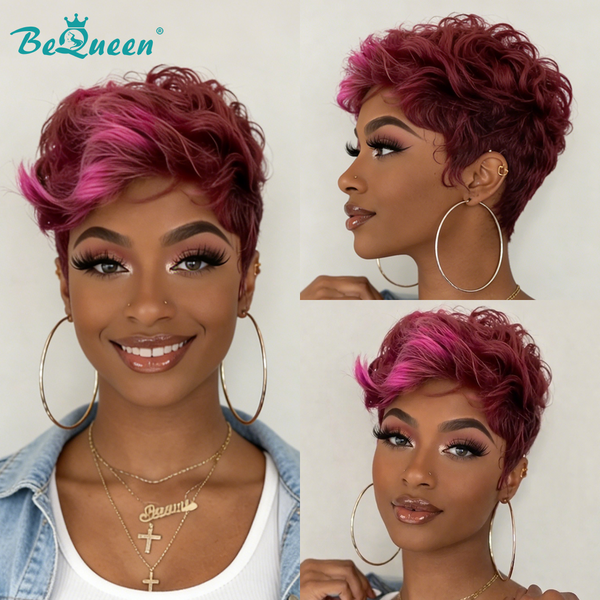 Bequeen Plum Purple Highlight Bright Fuchsia Pink Wave Pixie Wig