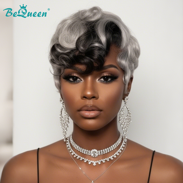 Bequeen Silver Mixed Frontal Black Wave Pixie Lace Wig