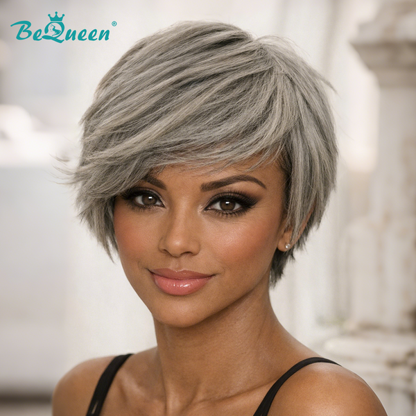 Bequeen Salt & Pepper Straight Style Short Cut Pixie Wig