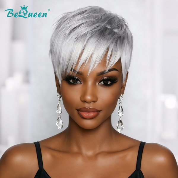 Bequeen Silver Grey Straight Natural Style Pixie Wig