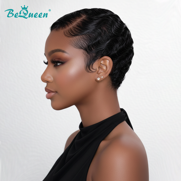 Bequeen 1B Elegant Water Wave Frontal Lace Pixie Cut Wig