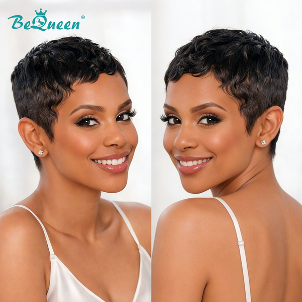 Bequeen 1B Full Lace Special Natural Wave Pixie Wig